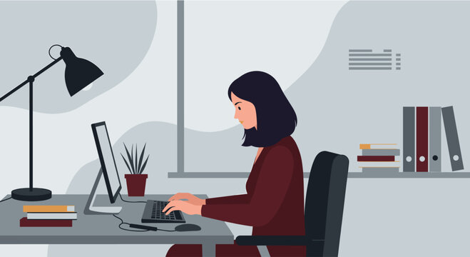 A professional woman works diligently at her desk, typing on a computer in a minimalist office setting, ideal for web design and marketing presentations with a flat design aesthetic.