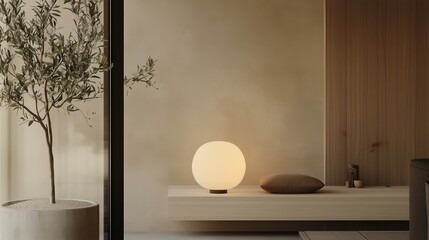 Poster - Modern interior design featuring a soft glowing lamp and minimalist decor in a cozy setting