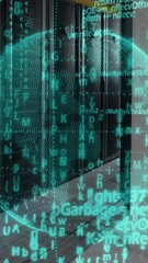 Poster - Animation of data processing over spinning globe against computer server room