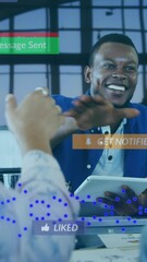 Poster - Animation of social media data processing over african american businessman in creative office