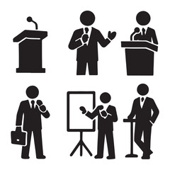 Poster - Diverse Presentations Silhouette Art Featuring Lecterns, Briefcases, and Display Boards for Business Meetings and Seminars