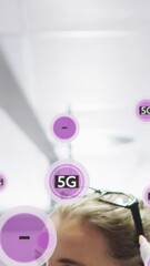 Poster - Animation of multiple 5g texts over caucasian coworkers discussing strategy in office