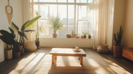 Poster - Cozy natural light fills a minimalist living space with plants and warm wood accents during golden hour