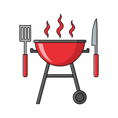 Fototapete - A red barbecue grill with cooking utensils and rising smoke, ready for grilling.