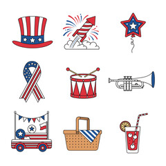 Fototapete - Festive illustrations depicting patriotic symbols and celebratory elements associated with Independence Day.