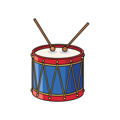 Fototapete - Cartoon illustration of a blue, red and gold drum with two drumsticks on a white background.