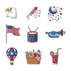 Fototapete - American patriotic icons, including eagle, fireworks, flag, and more, in a grid layout.