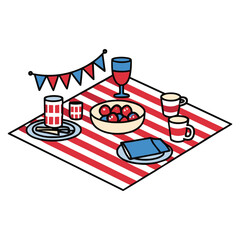 Fototapete - Picnic scene with food, drinks, and decorations on a red and white striped blanket.