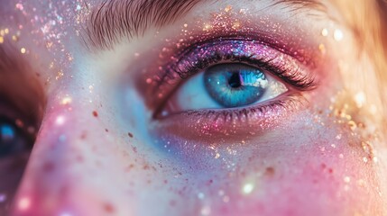 Poster - Sparkling eye close-up showcasing radiant makeup and vivid colors at a daytime festival