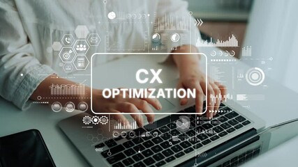 Poster - Hands of a Business Professional Typing on a Laptop with Overlaid Data Graphics Reflecting Customer Experience Optimization. Asymptotic smart data analytic.