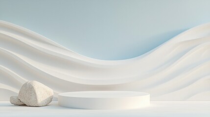 Poster - Elegant white display with textured waves and minimalist stone accent in a serene environment