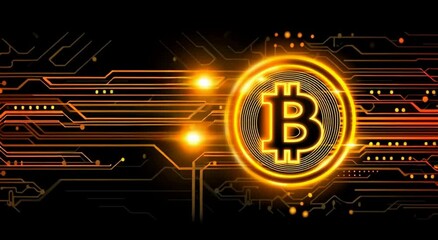 Poster - A glowing Bitcoin logo on top of an intricate circuit board background, symbolizing the futuristic nature and technology behind blockchain Generative AI