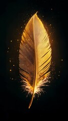 Poster - Glowing golden feather with sparkles on a dark background, conceptual art