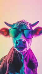 Aufkleber - Colorful neon cow wearing sunglasses with vibrant gradient background