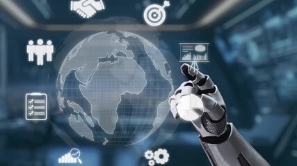 Poster - This video shows a robotic hand reaching out to a digital hologram of the world, symbolizing technology, globalization, and business innovation in a high-tech workspace. Auvana