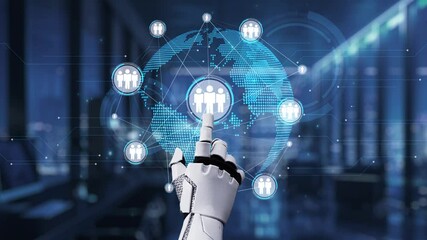 Poster - A sleek robotic hand reaches towards a digital globe, symbolizing the intersection of technology and human connection in a modern workspace, emphasizing digital collaboration. Auvana