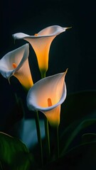 Aufkleber - Glowing white calla lilies with green leaves in the dark, surreal floral art
