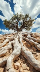 Wall Mural - A majestic tree with sprawling roots under a vibrant blue sky and clouds