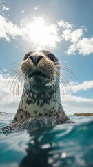 Poster - Seal close up with sunlit sky reflecting in water, underwater photography