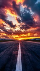 Poster - Vibrant sunset over an empty asphalt runway with dramatic cloudy skies