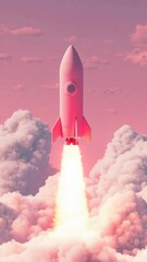 Leinwandbilder - Pink rocket launching through fluffy clouds in a pastel sky, 3d digital art
