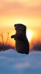 Poster - Squirrel standing in snow at sunset with colorful sky, concept of nature serenity