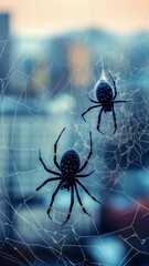 Poster - Spiders on intricate web against blurred cityscape in soft colors, digital art