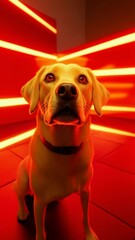 Aufkleber - Yellow labrador in a futuristic red room with glowing lines