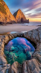 Poster - Tide pool reflecting colorful sky at sunset with rocky cliffs and sandy beach