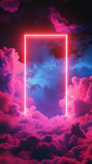 Poster - Neon pink and blue clouds with glowing rectangular portal, digital artwork
