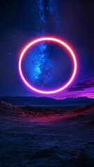 Poster - Glowing neon circle with night sky and desert landscape surreal concept