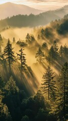 Poster - Misty forest with sun rays illuminating tall pines during a peaceful sunrise