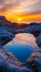 Poster - Sunset reflections on a rocky shore with vibrant skies and serene waterscape