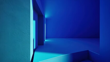 Poster - Blue Hues Architectural Interior:  A modern interior space, bathed in gradients of deep blues, creates a serene and evocative atmosphere with a sense of depth.