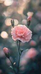 Aufkleber - Soft pink carnation flower blooming amidst bokeh lights, dreamy floral scenery