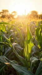 Poster - Cornfield with sunlight casting warm glow over green leaves at sunrise