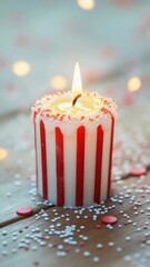 Poster - Festive striped candle with sprinkles on wooden table, warm glow, cozy atmosphere