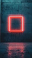 Aufkleber - Neon red square on dark wall with reflections on tiled floor, modern art concept