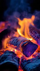 Poster - Vibrant glowing embers with blue and orange flames in a close-up view