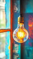 Poster - Vintage light bulb glowing warmly against vibrant painted wall, artistic inspiration