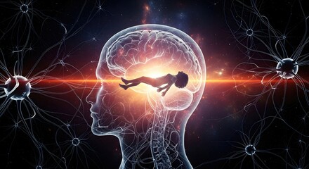 Poster - Woman meditating inside a luminous human brain, surrounded by neurons and connecting lines. Mind, health, and consciousness concept.