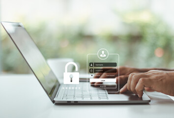 Fototapete - Login authentication, cybersecurity concept with user entering password on laptop for secure access to online account, private information, multi-factor authentication, and data protection. Cyberspace