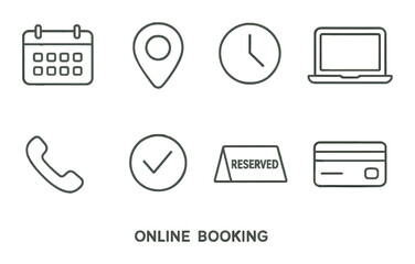 Online booking icon set. technology, reservation, flat style. calendar, phone, laptop, card vector icons.