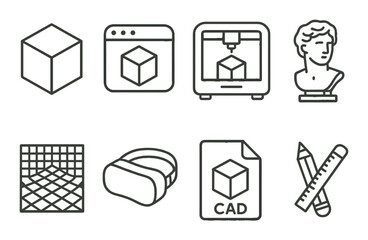 3d design icon set. linear cad, vr, 3d printing, sculpture, cube, pencil vector icons.