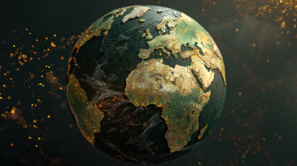 Poster - Stunning globe showcasing continents with textured surface, illuminated by golden highlights and surrounded by shimmering particles, evokes sense