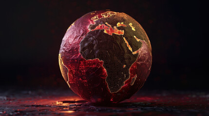Poster - Glowing globe showcasing Africa with textured surface, surrounded by dark, dramatic background. vibrant colors evoke sense of energy