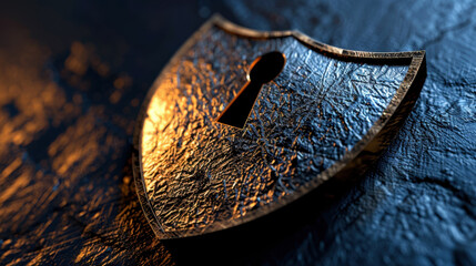Poster - Metallic shield with keyhole design symbolizes security and protection against threats. textured surface reflects light, enhancing its visual