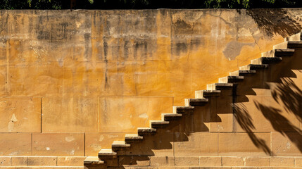 Poster - Warm toned wall with abstract stairs casting soft shadows, creating minimalistic and geometric aesthetic