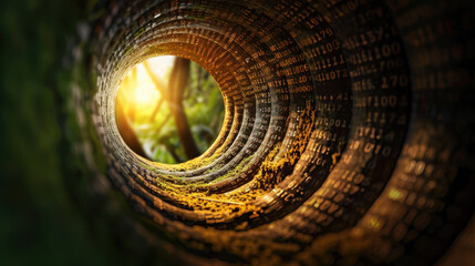 Poster - Abstract tunnel of binary code leading to bright light, surrounded by nature, evokes sense of mystery and exploration