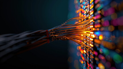 Poster - Close up view of colorful cables connecting to modern data hub, showcasing vibrant lights and intricate wiring. image evokes sense of technology